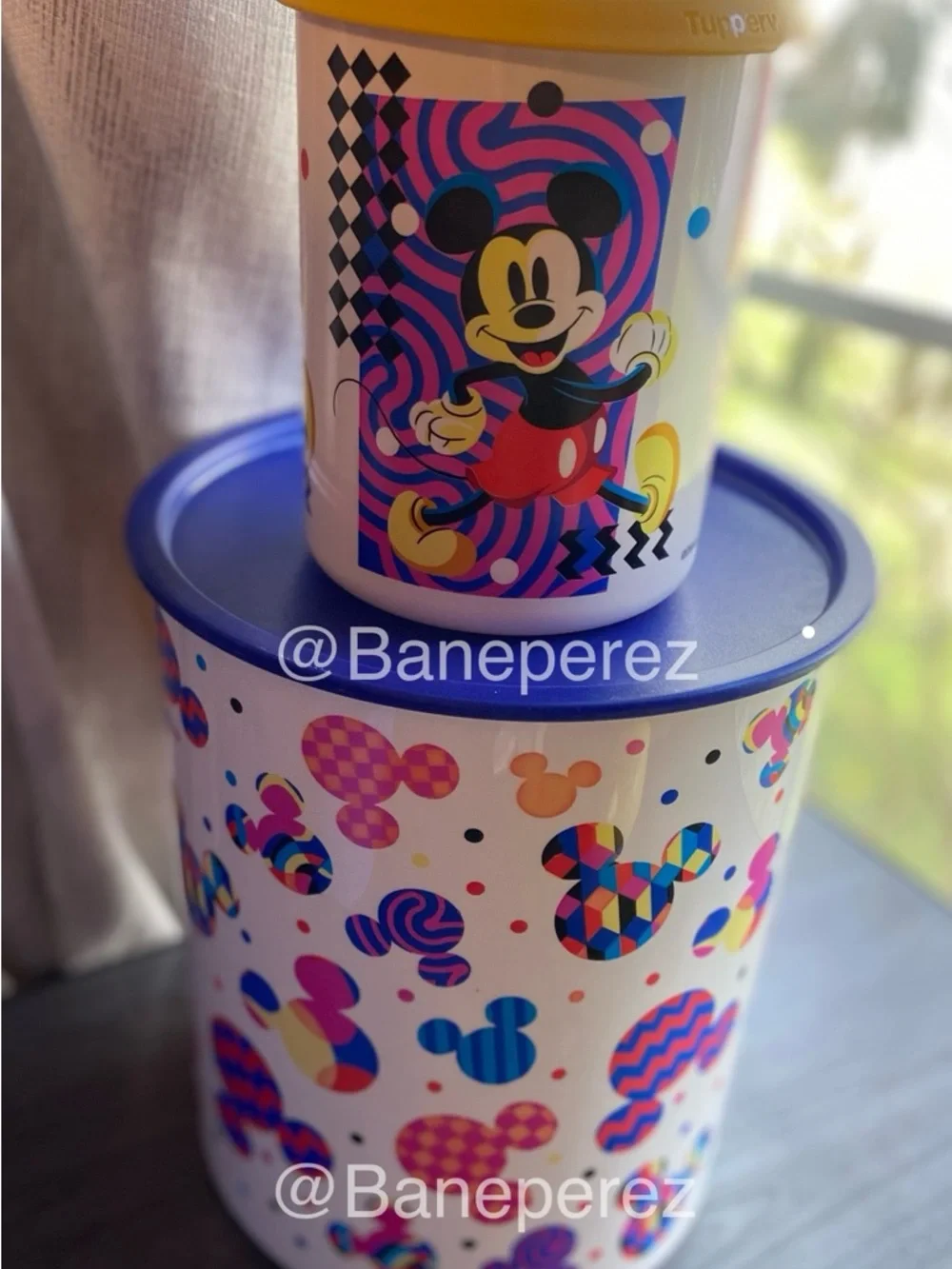 Tupperware Mickey Mouse Pop-Art Canisters set of 2 Blue & Yellow Lids
